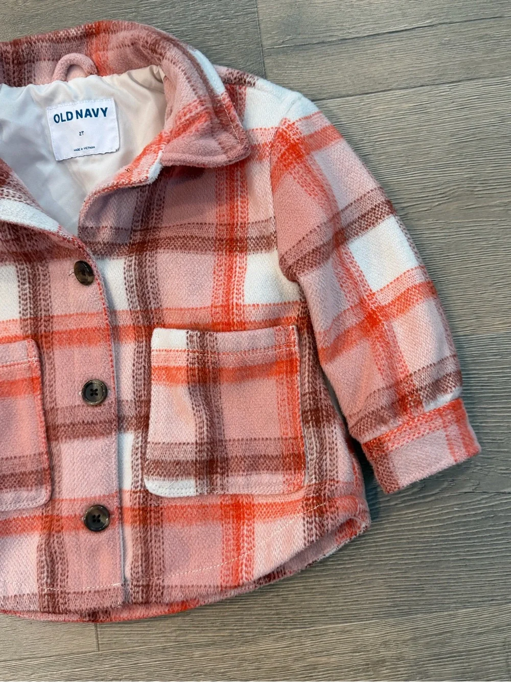 Old Navy Girls Kids Plaid Flannel Shacket Button Down Shirt Jacket Pink White